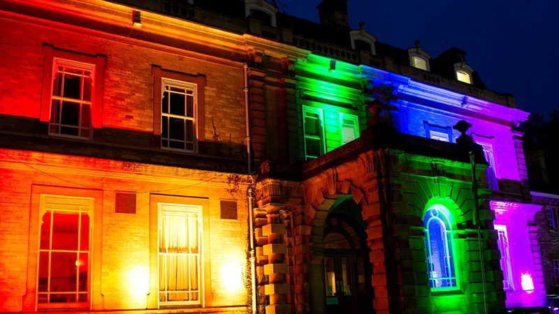 Headington Hill lit up in rainbow colours